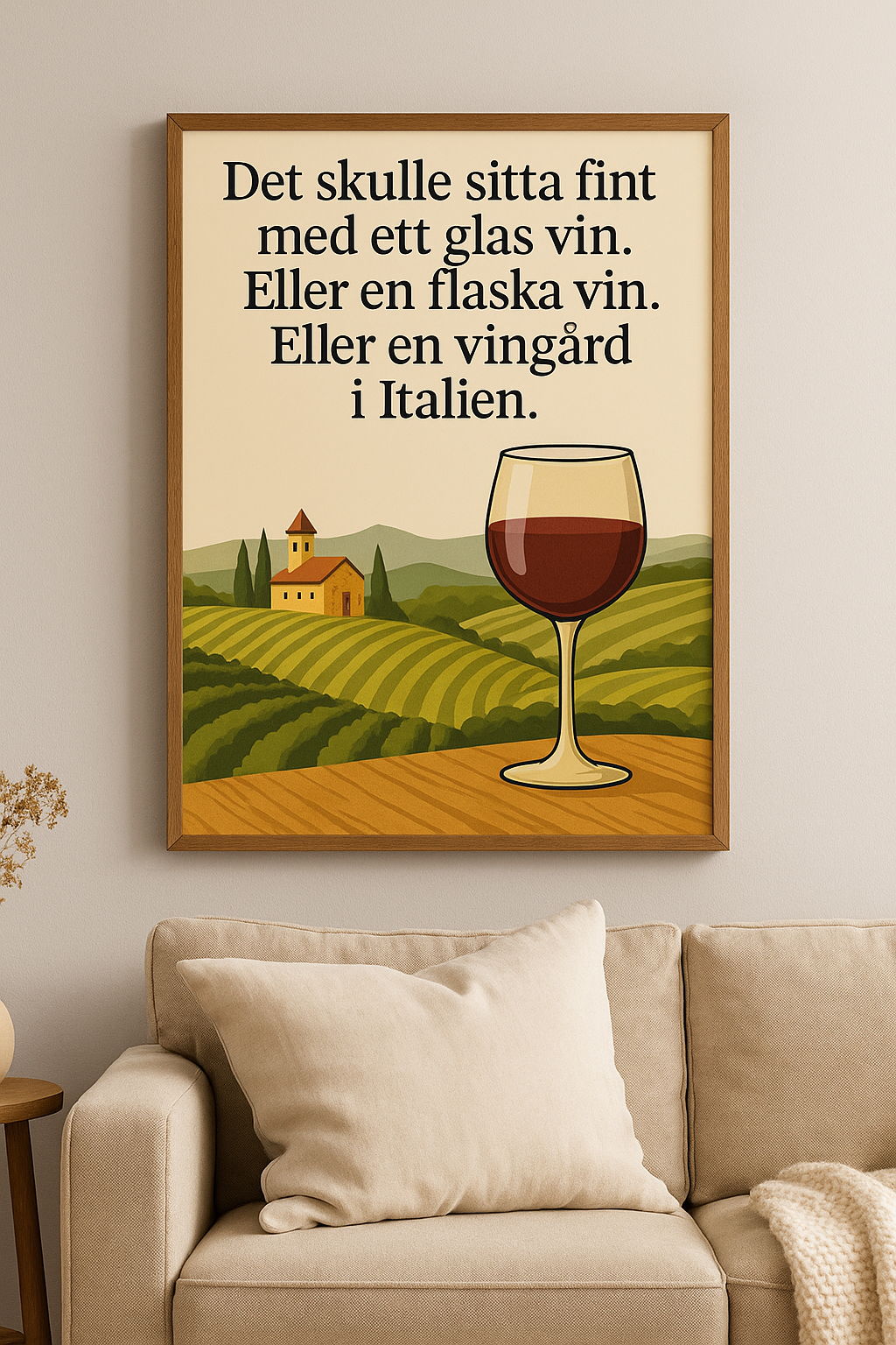 "Glas vin, flaska vin, vingård i Italien" Poster